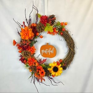 Handmade Fall Thanksgiving Grapevine Floral Ribbon Wreath w/ Wood Door Sign